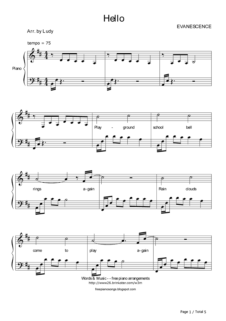 Hello钢琴谱-Evanescence1