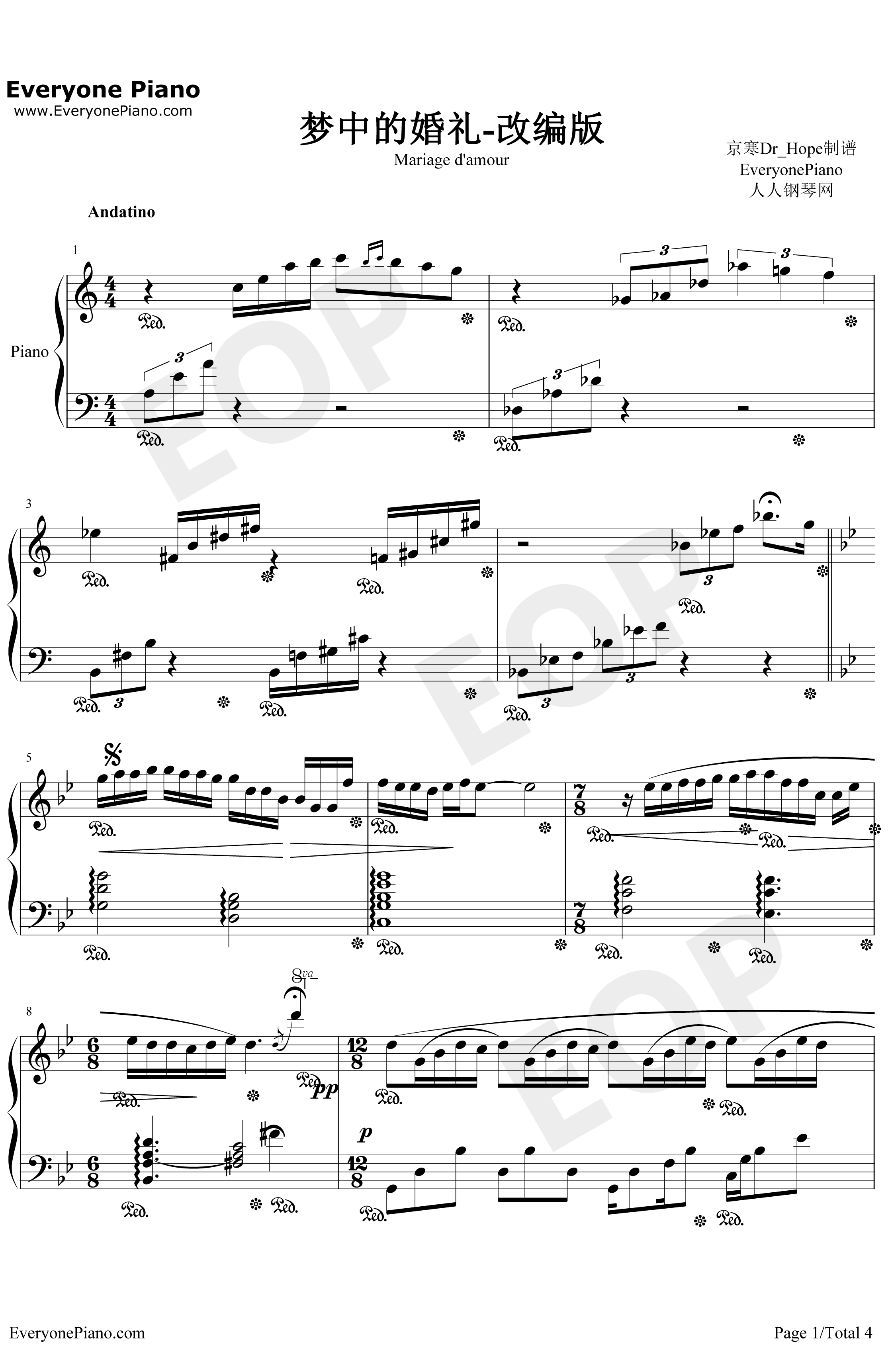 梦中的婚礼钢琴谱-理查德·克莱德曼-现代改编版带爵士风1