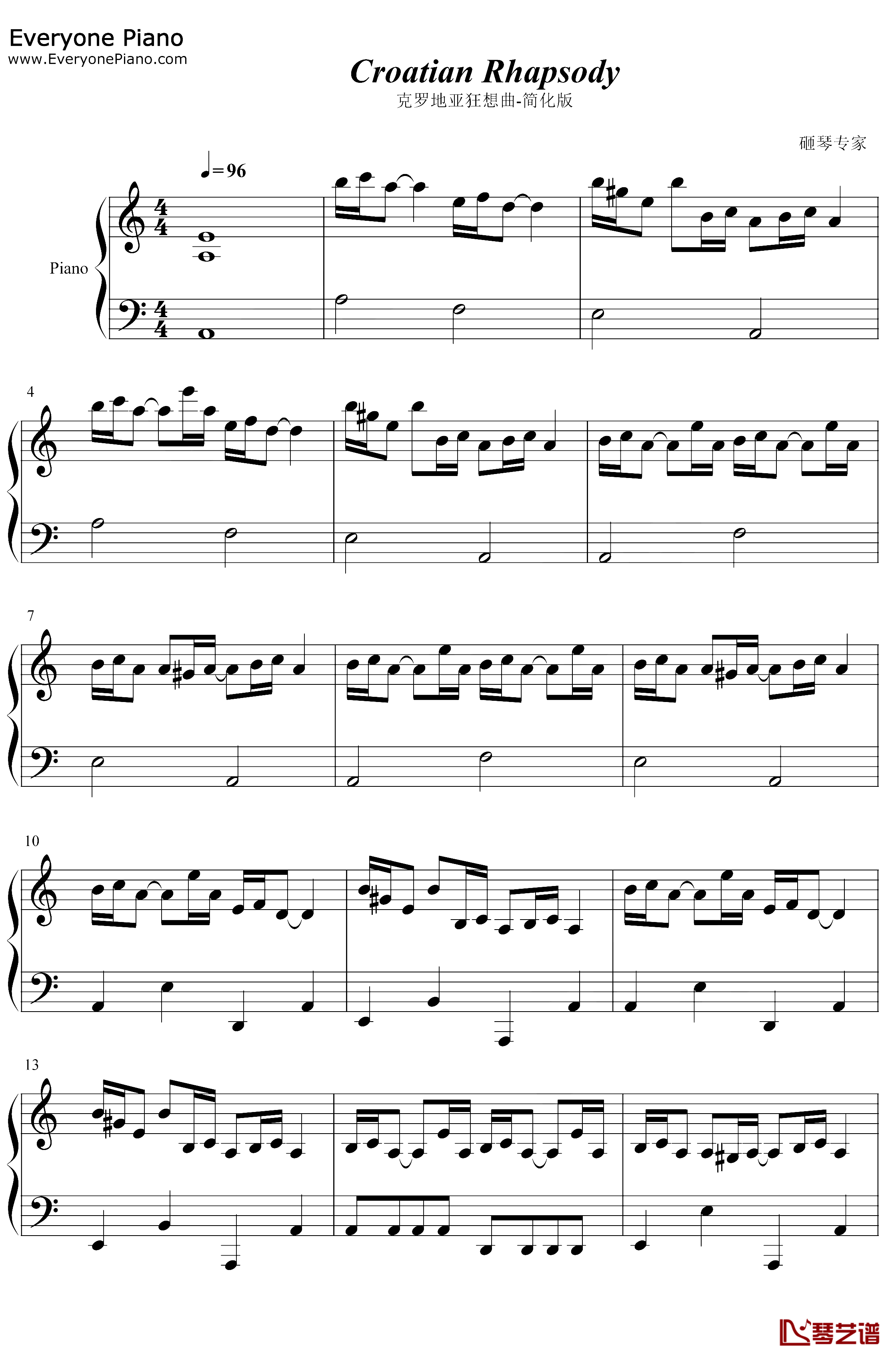 克罗地亚狂想曲钢琴谱-马克西姆·姆尔维察-C调简化版1