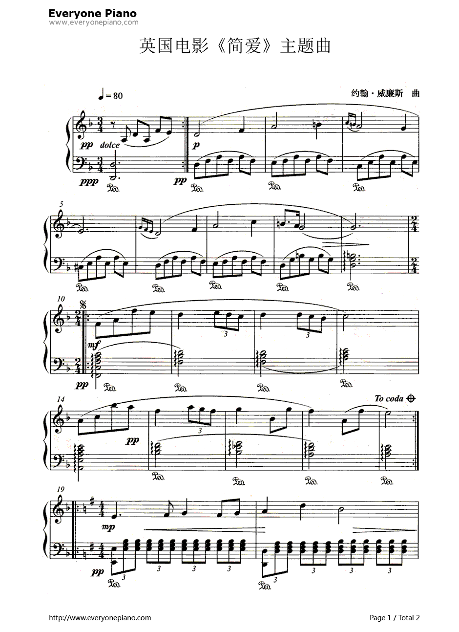 简爱主题曲钢琴谱-约翰·威廉姆斯(JohnWilliams)-1970版《简爱》主题曲(JaneEyre)1