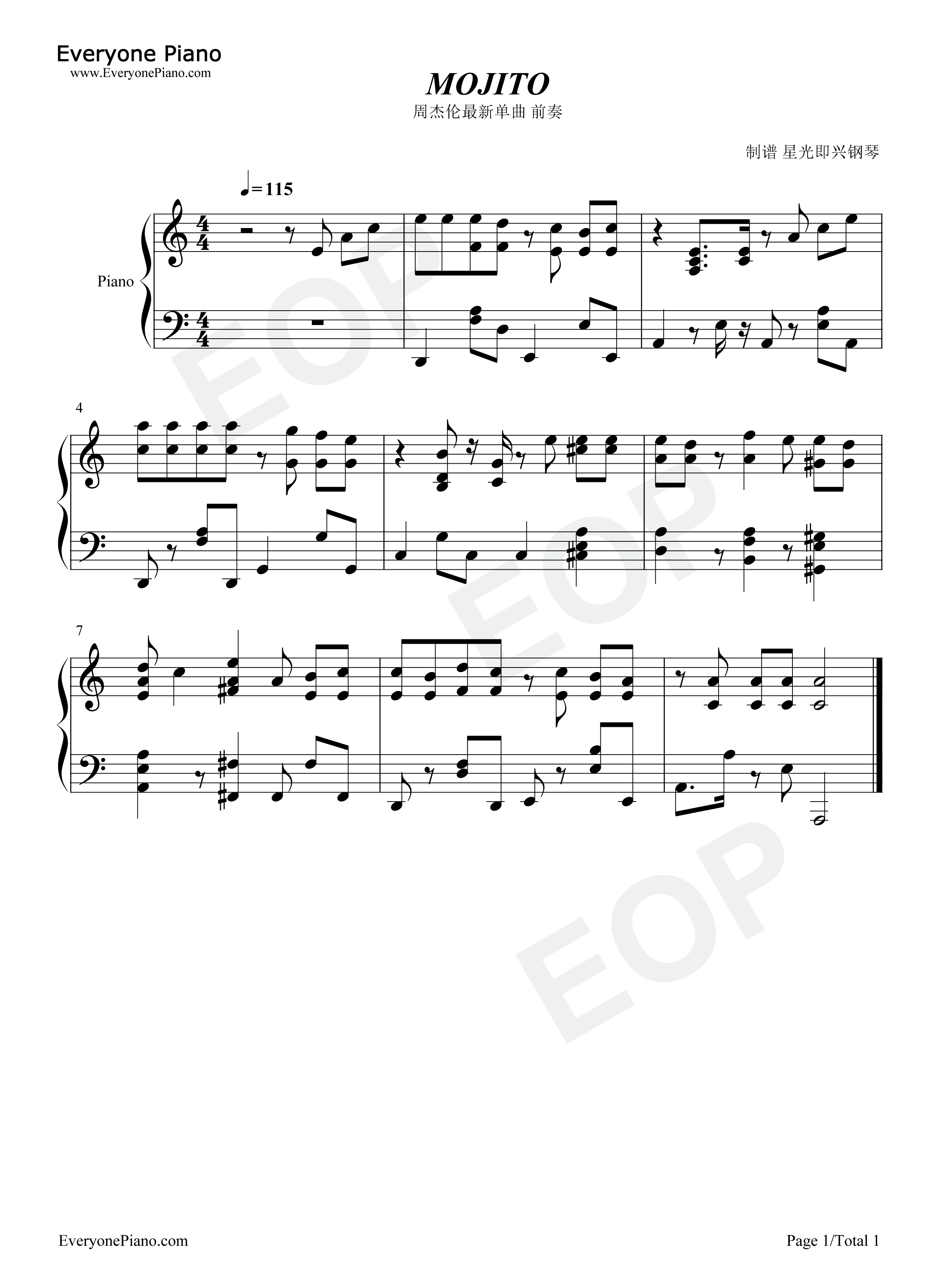MOJITO钢琴谱-周杰伦1
