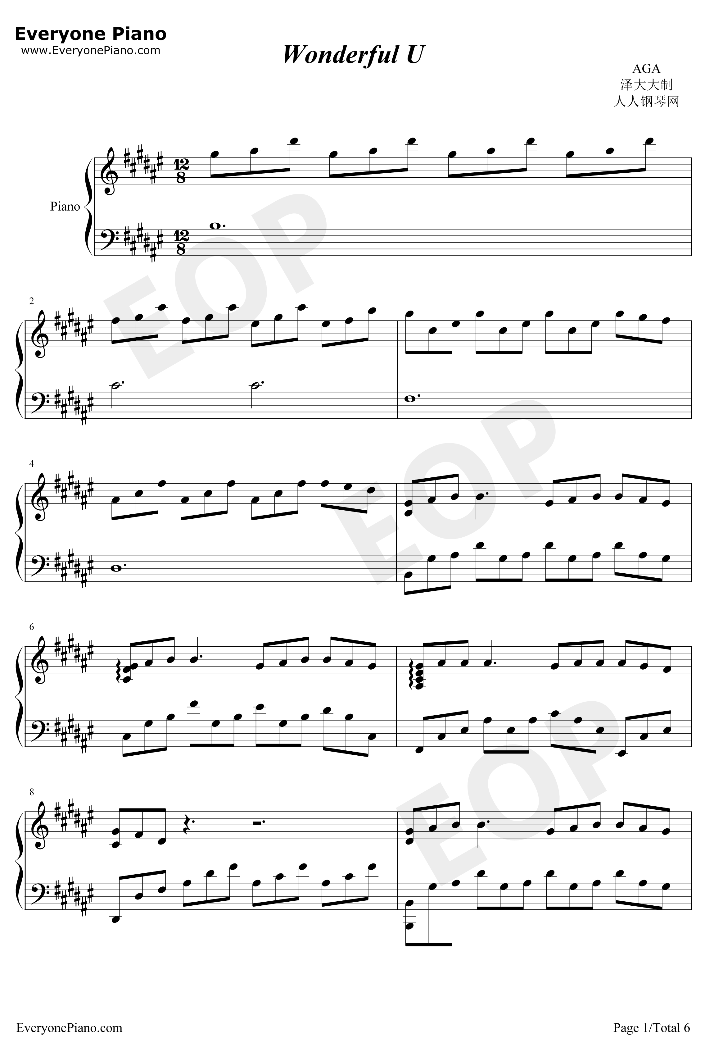 Wonderful U钢琴谱-AGA-完美独奏版1