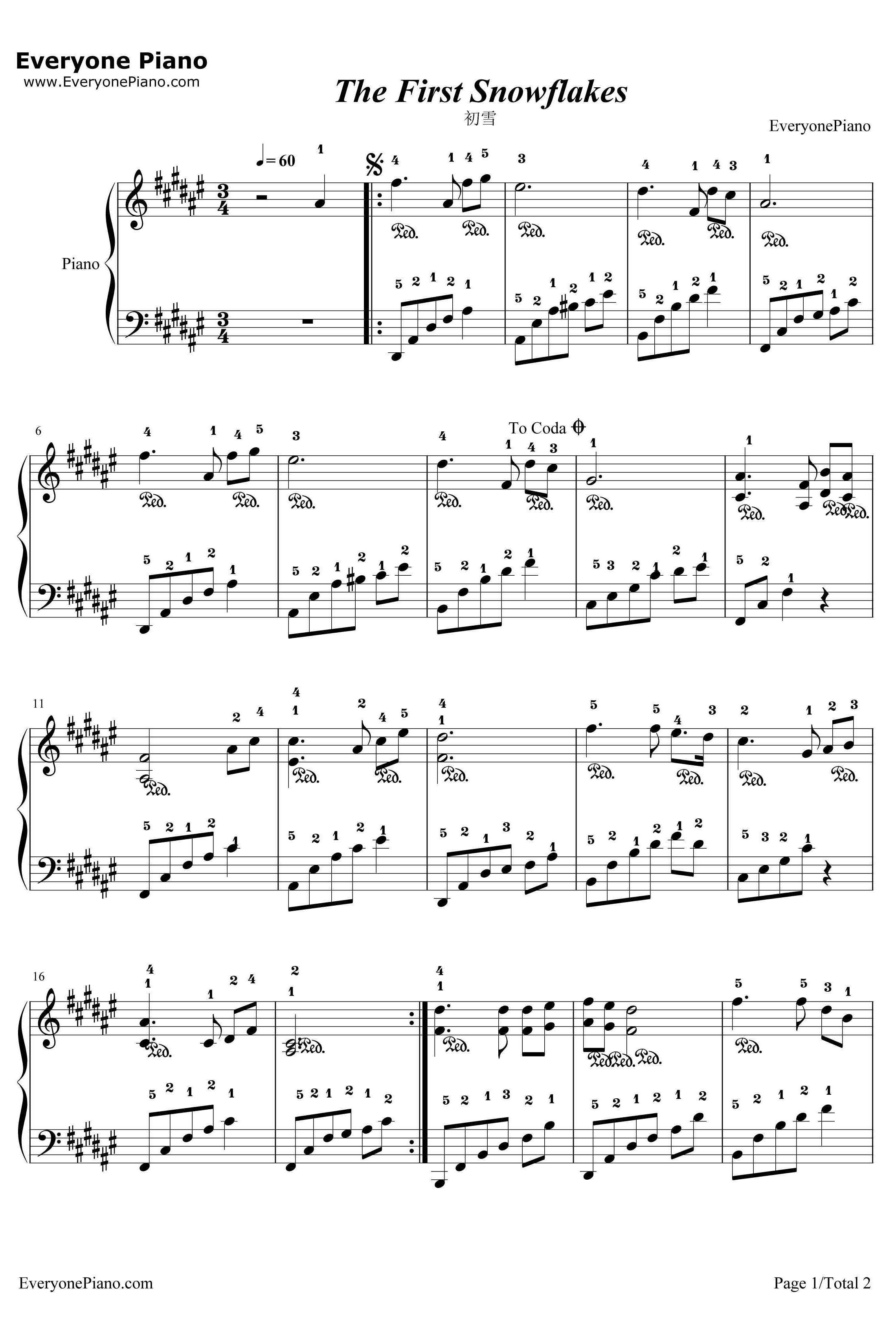 初雪简易版钢琴谱-班得瑞Bandari-带指法1