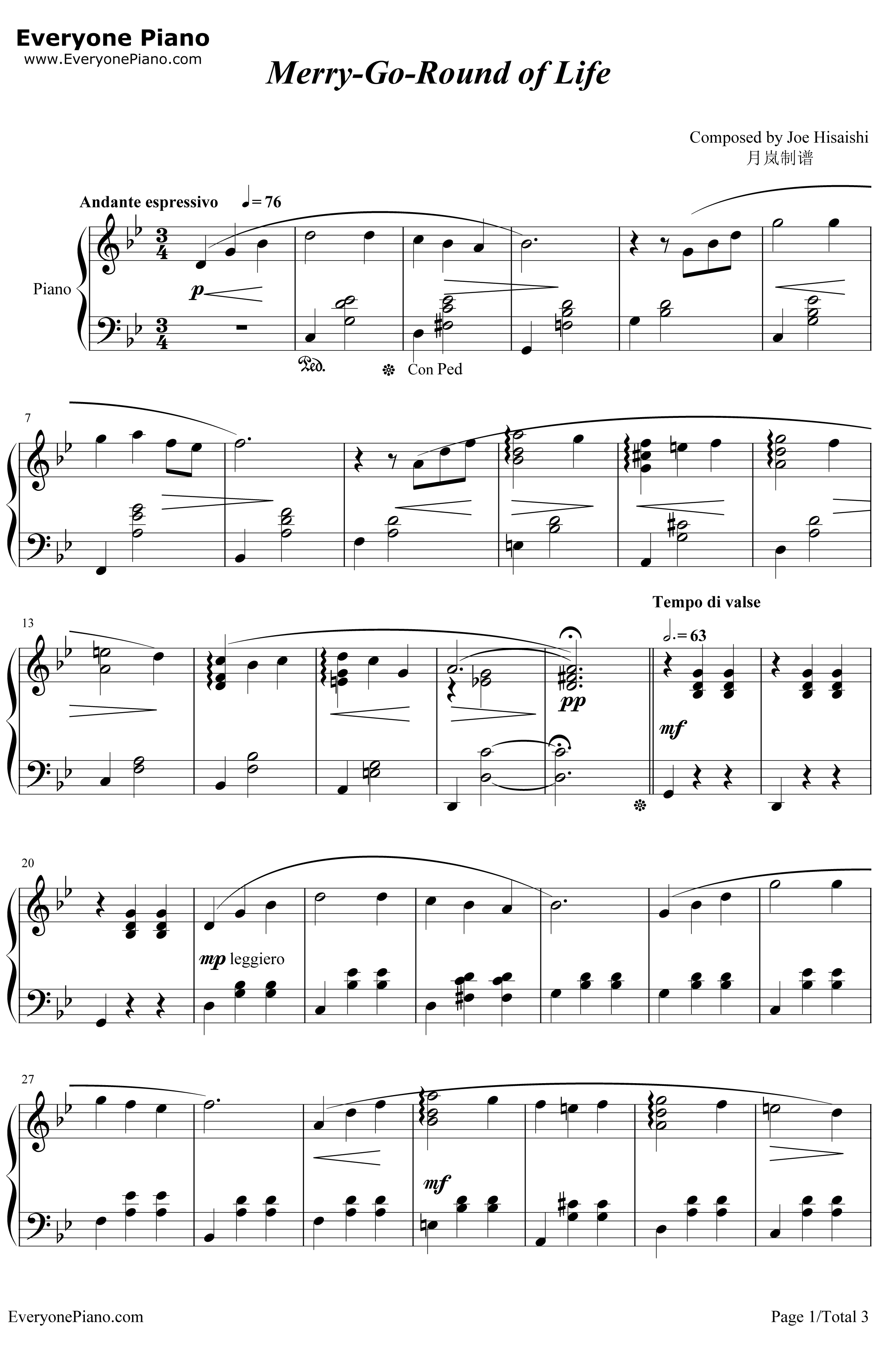 Merry钢琴谱-久石让宫崎骏-Go-RoundofLife-哈尔的移动城堡主题曲1