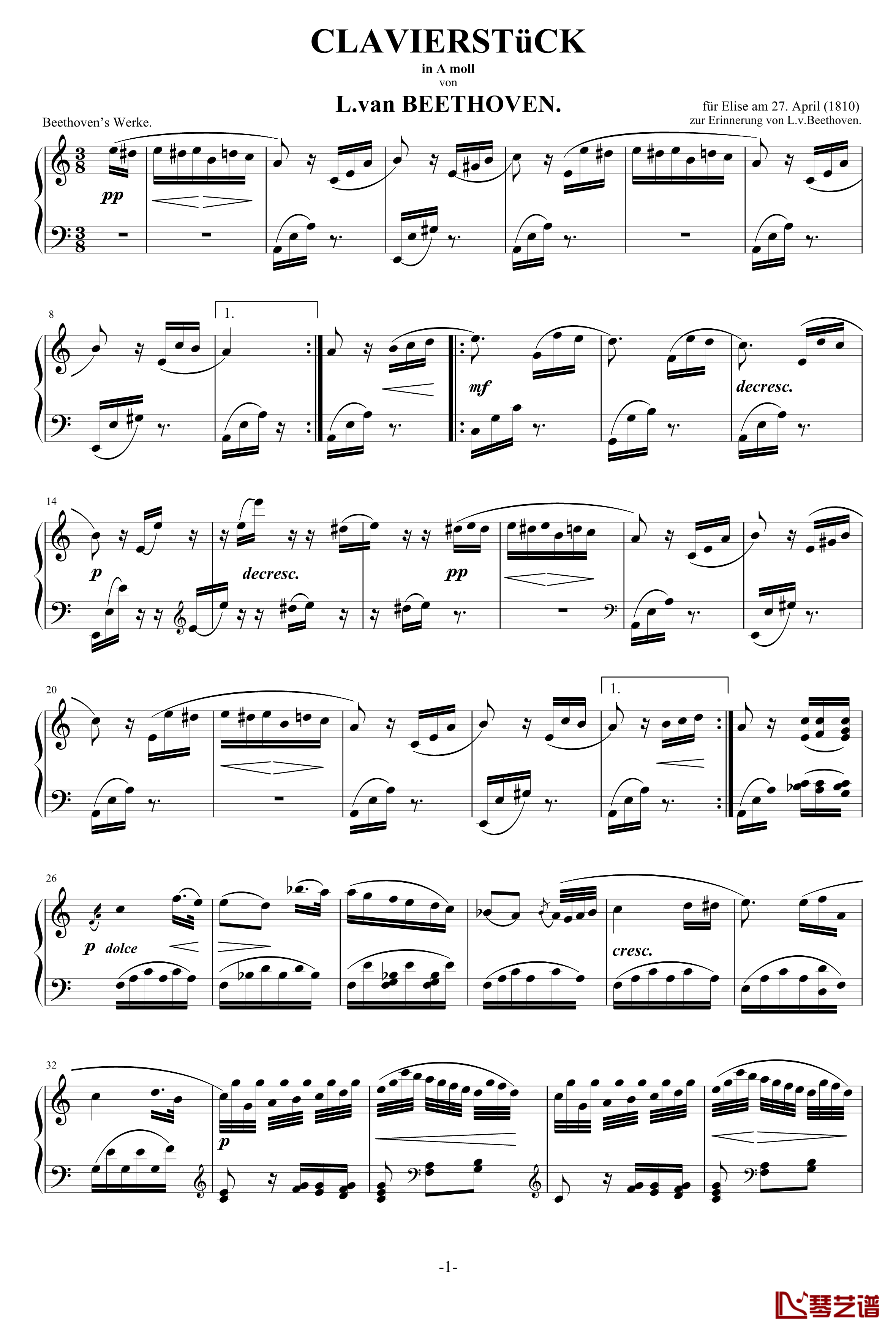 致爱丽丝钢琴谱-钢琴曲-贝多芬-beethoven1