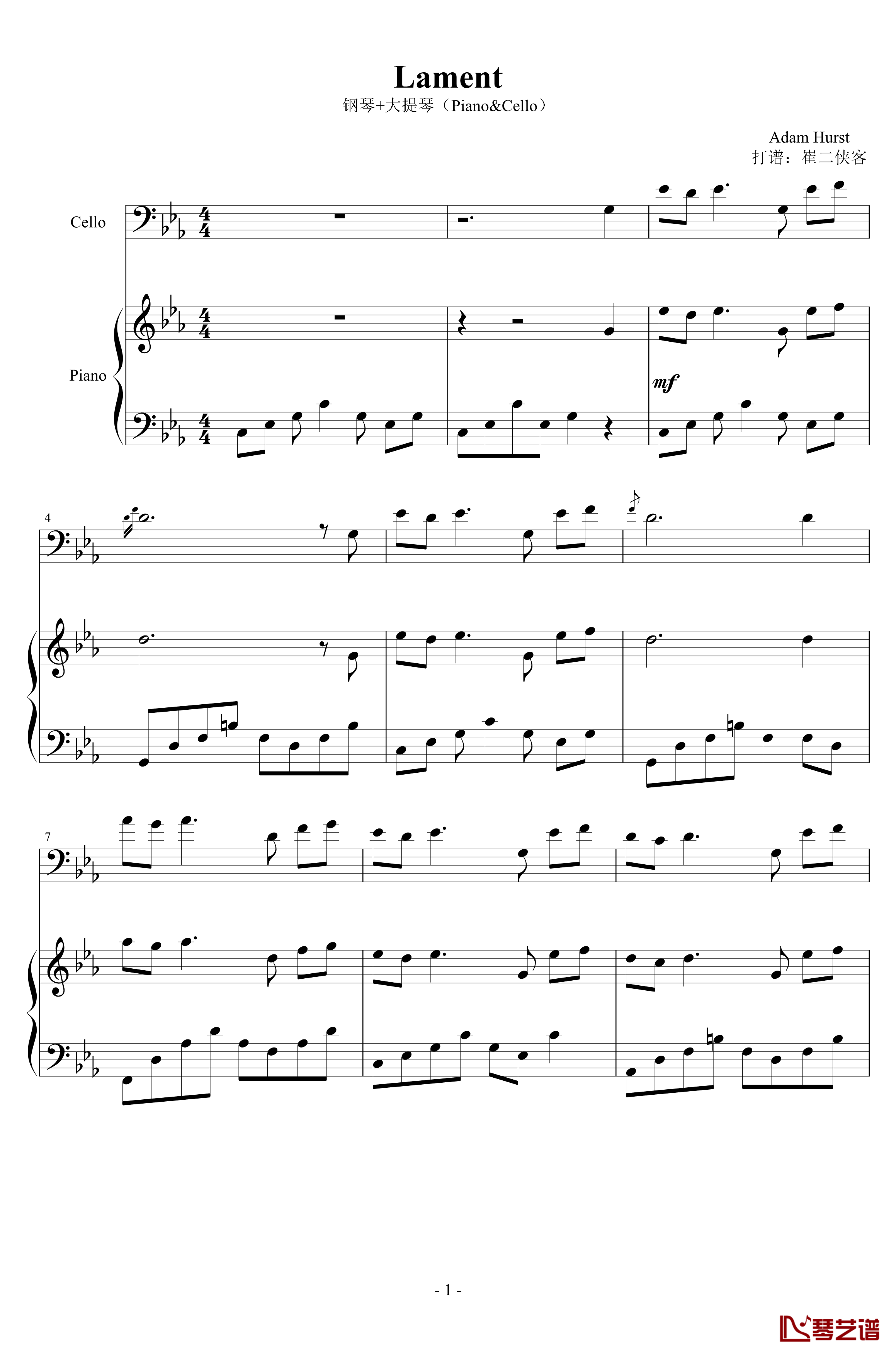 Lament钢琴谱-钢琴大提琴原版-Adam Hurst1