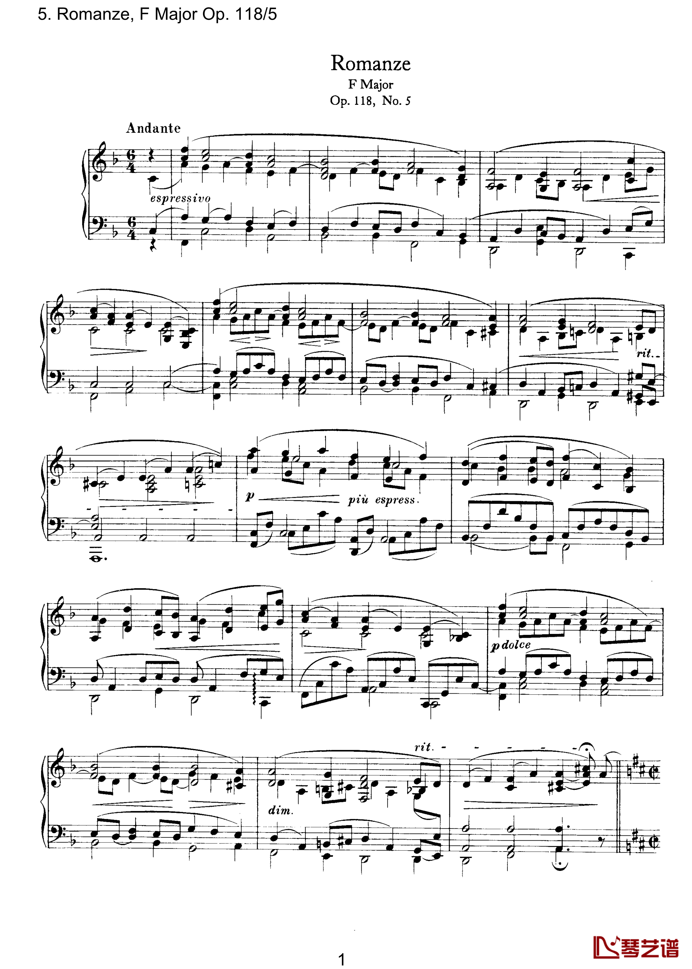 浪漫曲钢琴谱-Op.118  No.5勃拉姆斯1