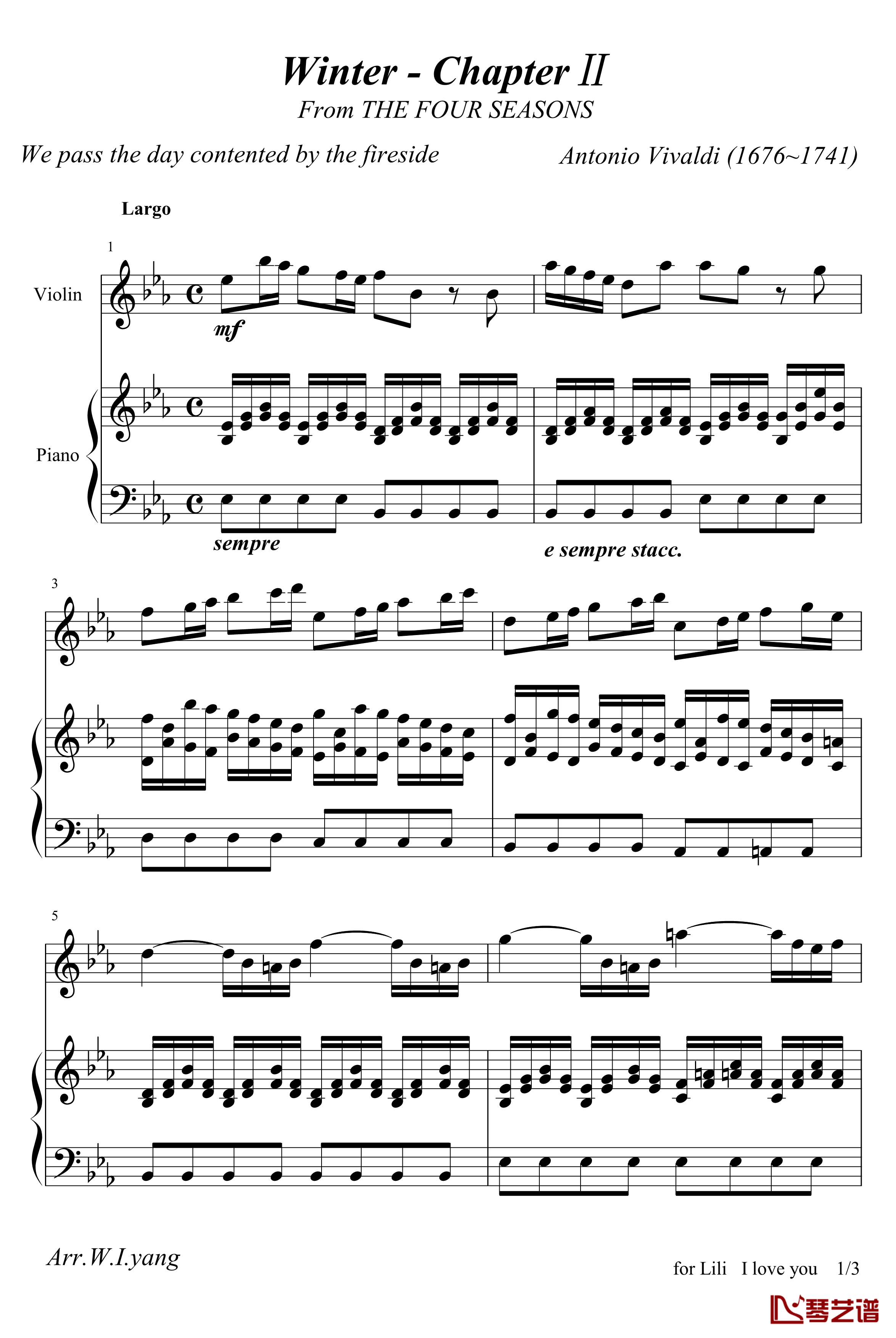 四季·冬之第二乐章钢琴谱-钢琴+小提琴-维瓦尔第1