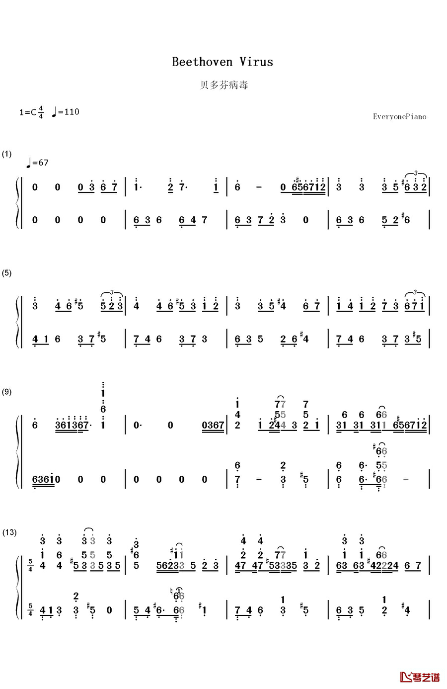 贝多芬病毒钢琴简谱-数字双手-贝多芬1