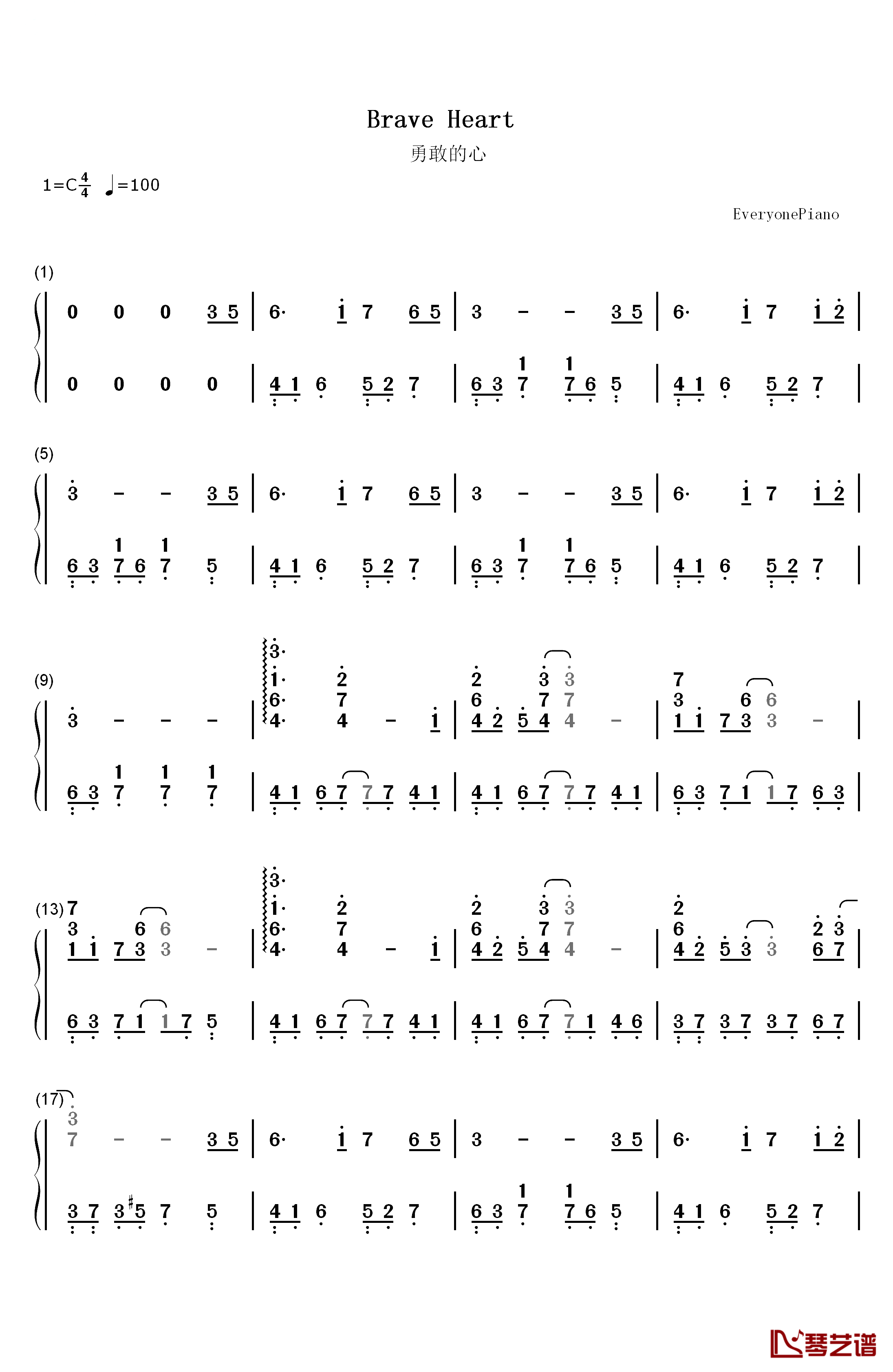 勇敢的心钢琴简谱-数字双手-James Horner1