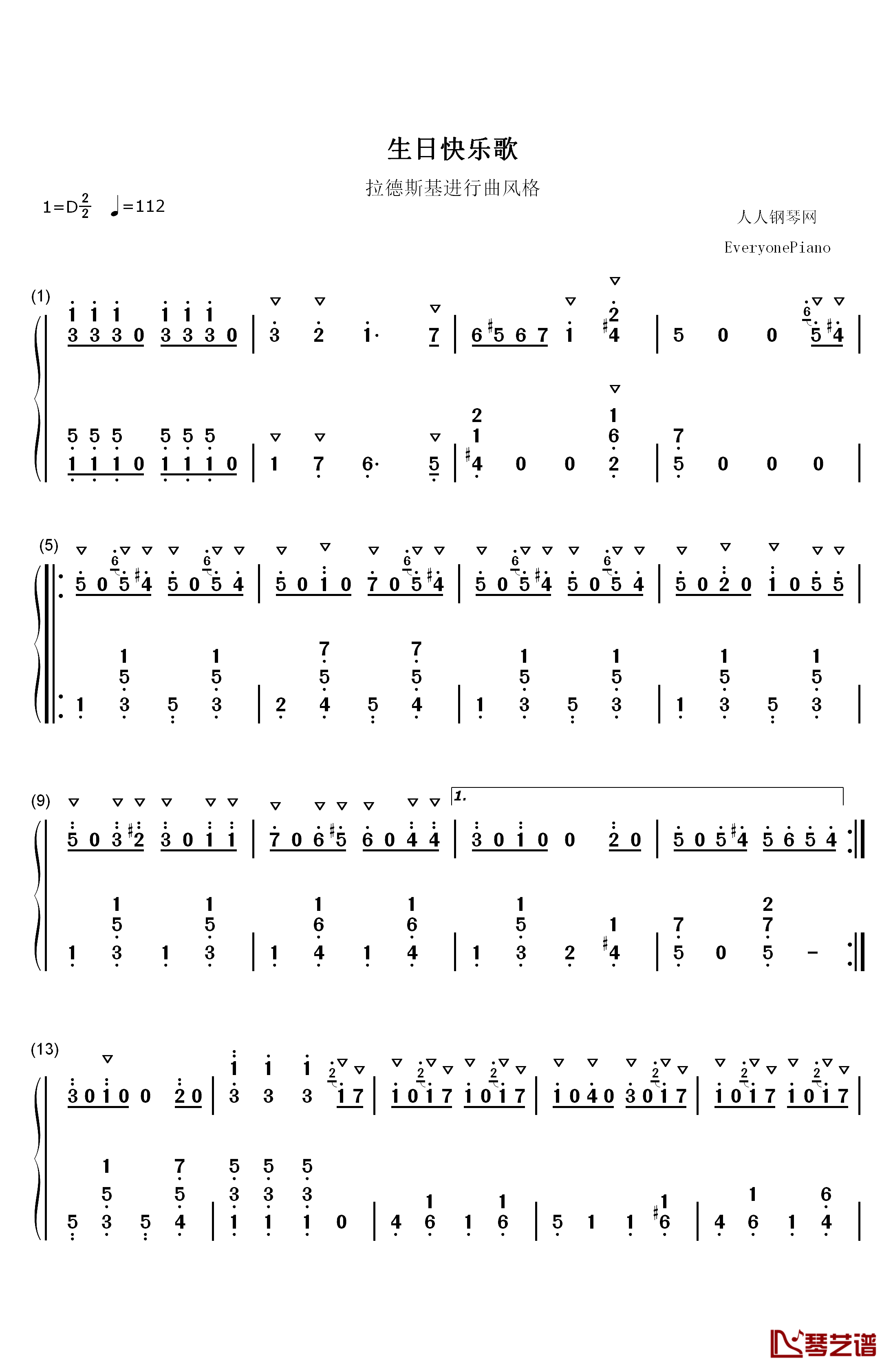 生日快乐歌钢琴简谱-数字双手-帕蒂·史密斯·希尔 米尔德里德·J.希尔1