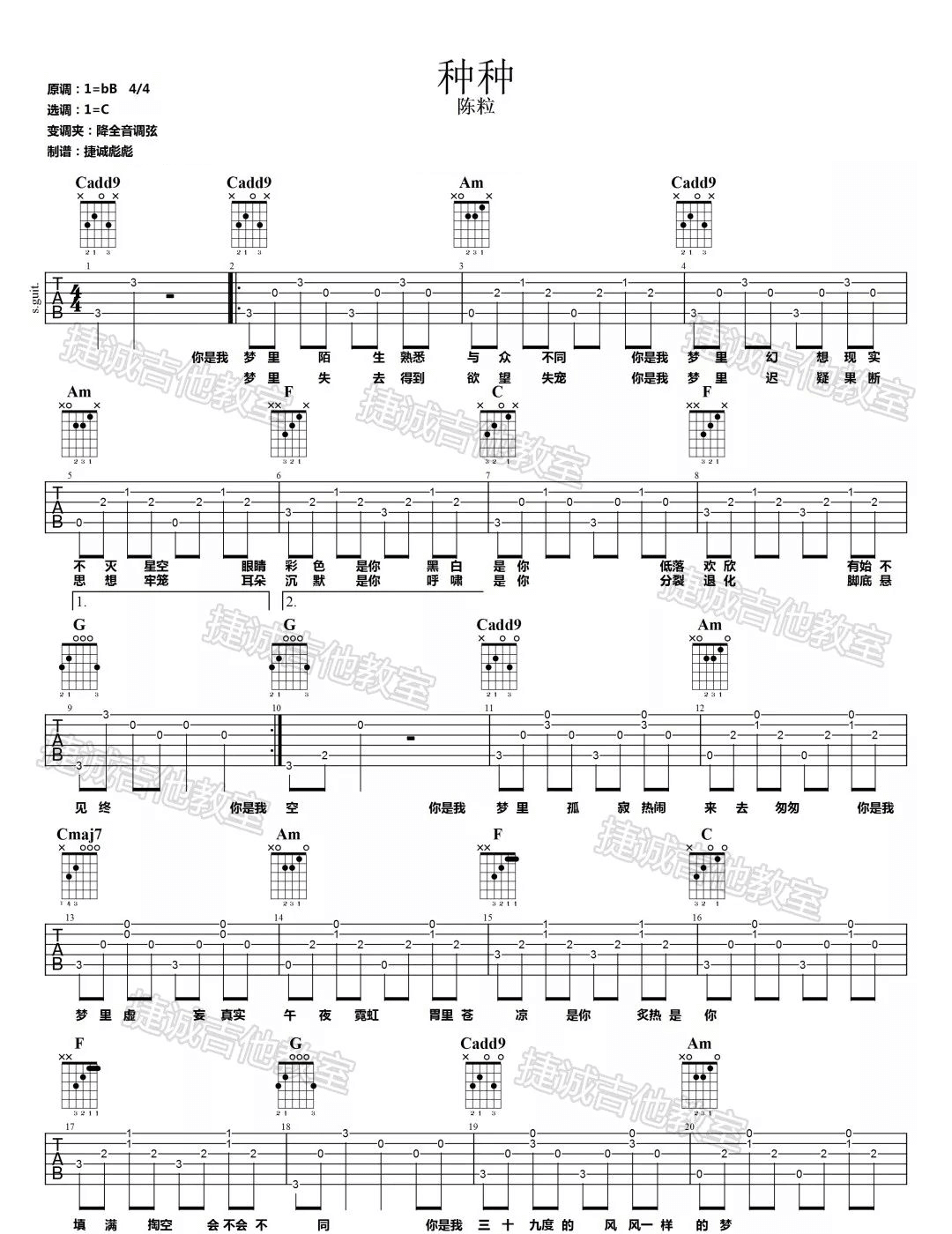 种种吉他谱-陈粒-《种种》C调简单版弹唱六线谱-高清图片谱1