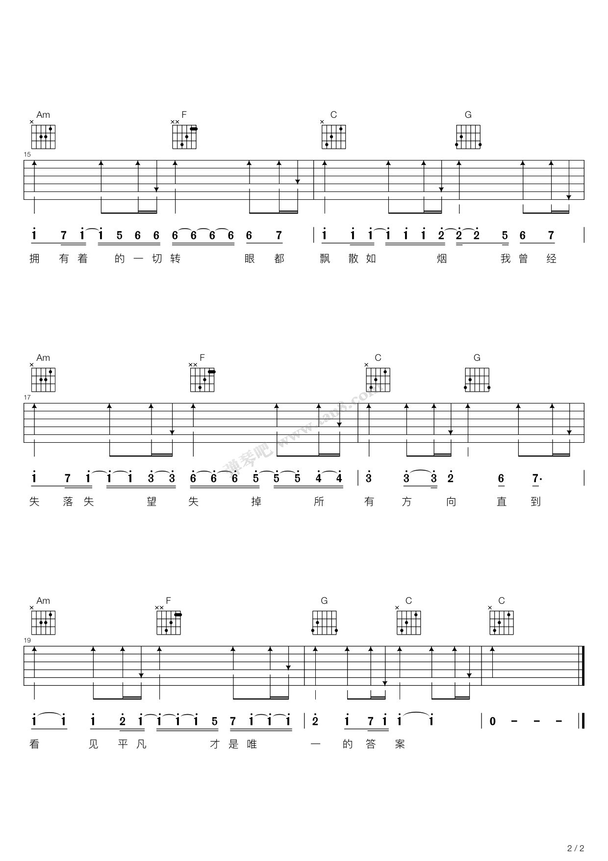 朴树《平凡之路》C调超简单版弹唱吉他六线谱-高清图片谱1