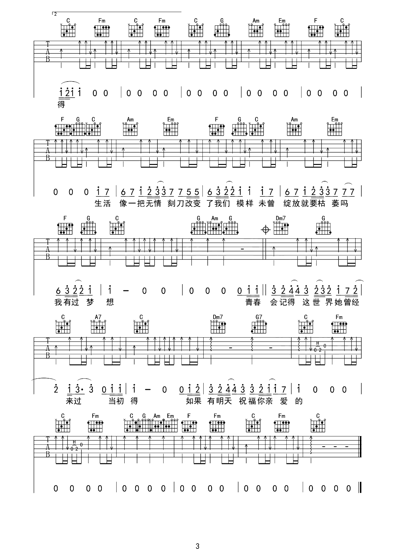 老男孩吉他谱-C调原版-筷子兄弟-附PDF图片谱1