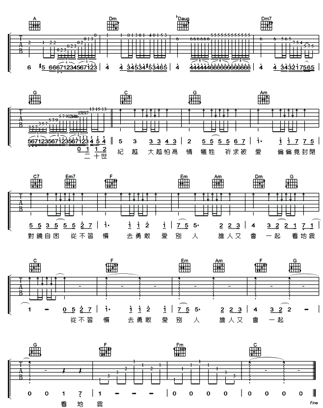 二十世纪少年吉他谱 C调六线谱_简单版_Ping Pung3