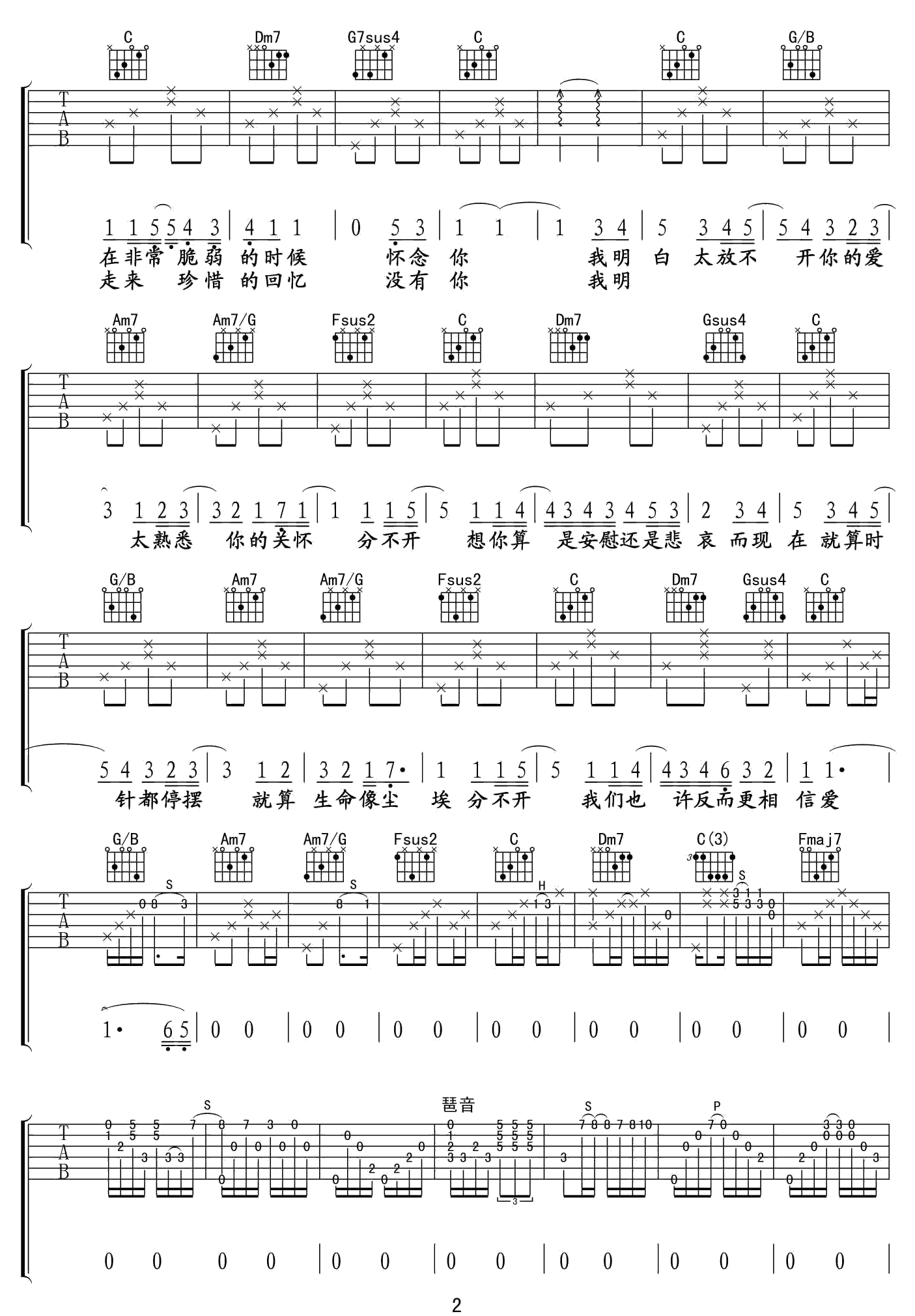 《忽然之间》吉他谱-莫文蔚-C调原版弹唱六线谱-高清图片谱2