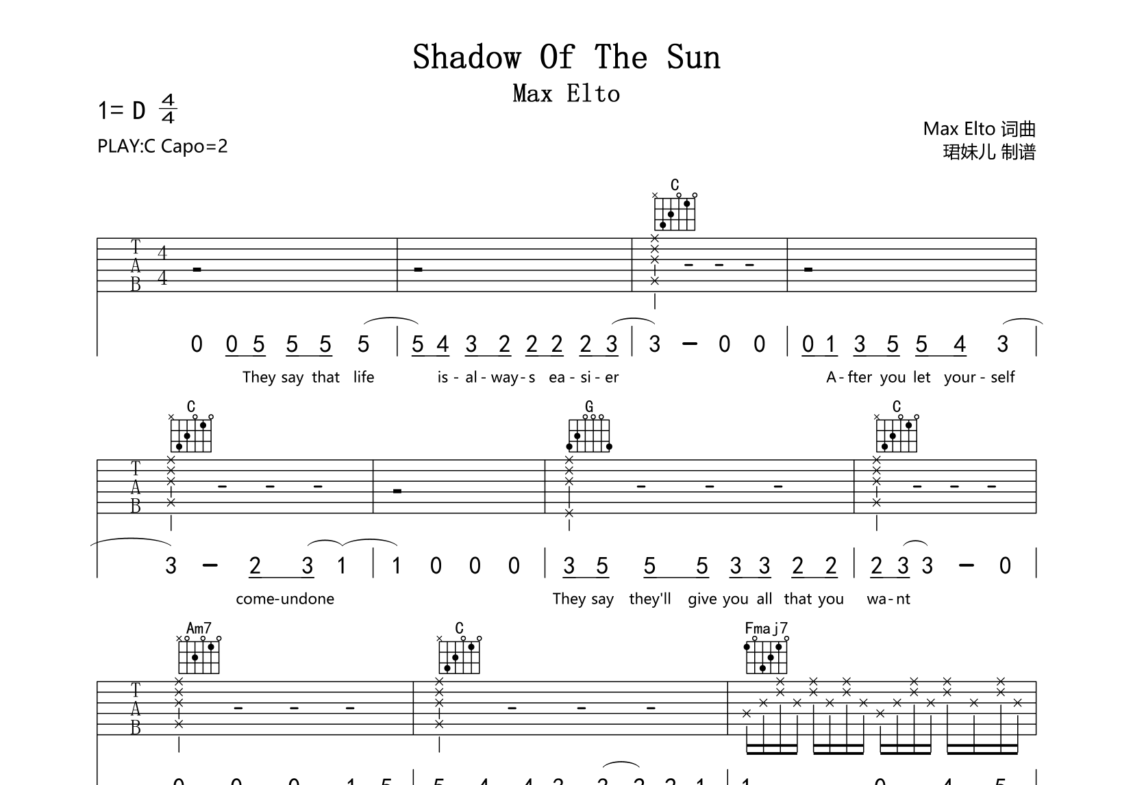 Shadow Of The Sun吉他谱-Max Elto-C调原版弹唱谱1